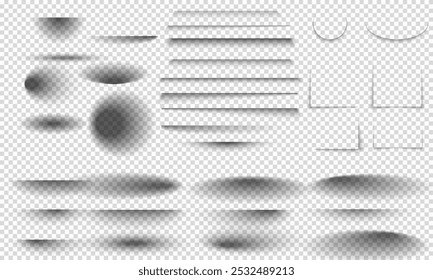 Conjunto de sombras transparentes. Faixas de sombra. Efeito de sombra realista em um fundo transparente. Diferentes formas, vetores de separação de páginas. Sombras redondas e ovais, quadradas e retangulares. Ilustração vetorial