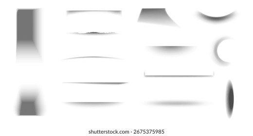 Set of transparent shadows. Shadow strips. Realistic shadow effect on a transparent background. Different shapes, page separation vectors. Round and oval, square, rectangular shadows. Vector