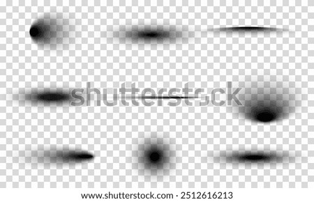 Set of transparent shadows. Shadow strips. Realistic shadow effect on a transparent background. Different shapes, page separation vectors. Round and oval, square, rectangular shadows. Vector illustrat