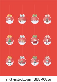 Set of Transparent Silver Christmas Balls with Festive Scenes inside. On a red background. Vector