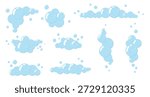 Set transparent soap bubbles isolated on white background. Oxygen bubbles, water bubbles. Blue round bubbles of different sizes: small, medium, large. Foam.