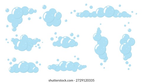 Defina bolhas de sabão transparentes isoladas no fundo branco. Bolhas de oxigênio, bolhas de água. Bolhas redondas azuis de tamanhos diferentes: pequeno, médio, grande. Espuma.