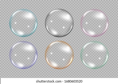 
 Set of transparent soap bubbles on checkered background.Reaistic colored balls.Vector texture.
