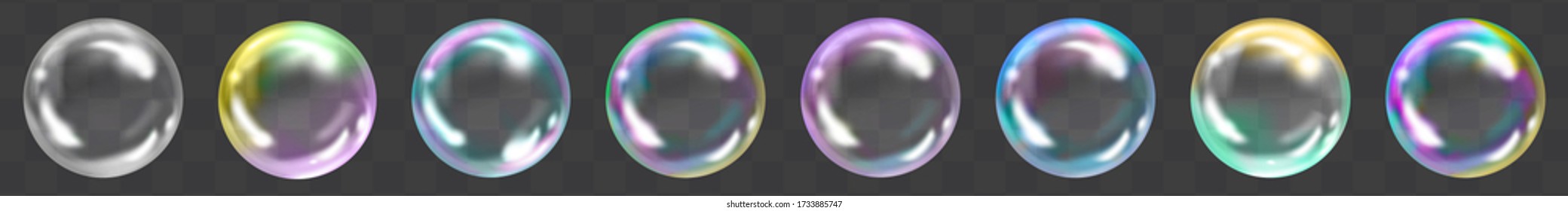 Set of transparent soap bubbles on checkered background.Reaistic colored balls.Vector texture.