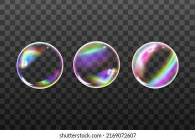  Set of transparent soap bubbles on checkered background.Reaistic colored balls.Vector texture. 