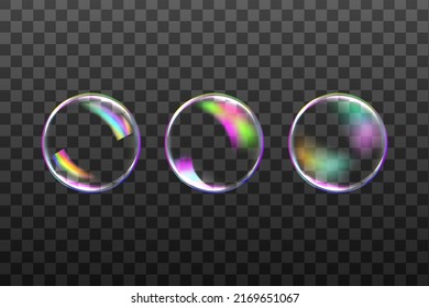 Set of transparent soap bubbles on checkered background.Reaistic colored balls.Vector texture. 