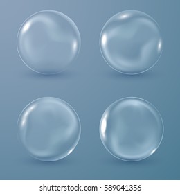 Set of transparent soap bubbles on dark blue background, vector illustration