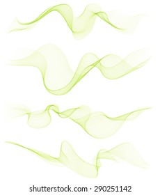 Set of transparent soft lines on white.  Vector green abstract waves. For cover book, brochure, flyer, poster, cosmetics, perfumes, nature, ecology design