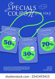 Set of transparent special coupons in with coupon code, percent price off, isolated on white background. Discount voucher poster for promotional giveaway event. Coupon banner vector