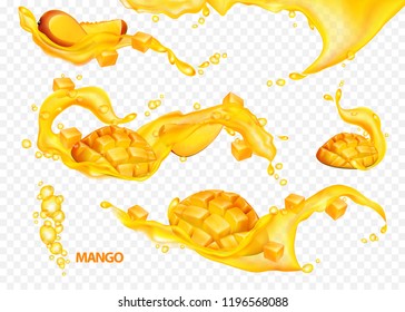 Set of transparent splashes of mango juice with mango fruit. Realistic vector illustration.