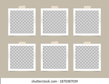 Set of  transparent square photo frames with adhesive tape. Mockup for modern design. Blank template on a beige background. Vector 3d realistic. empty photo cards. 6 photos.