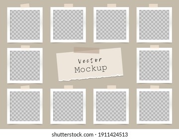 Conjunto de marcos de foto cuadrados transparentes con cinta adhesiva y un trozo de papel roto. Trampa para diseño, portafolio. Plantilla en blanco sobre fondo beige. Vector 3d realista. 10 tarjetas fotográficas vacías. EPS 10