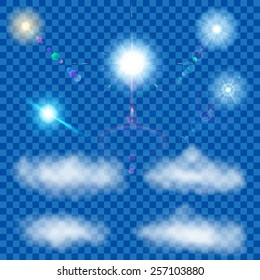 Set of transparent suns with lens flare and clouds
