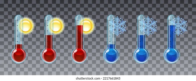 Set of transparent thermometers with different levels. Red thermometers with sun and blue with snowflakes. Vector illustration on transparent background