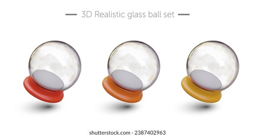 Set aus durchsichtigen, gekachelten Glaskugeln mit Ständen in verschiedenen Farben. Blank realistische Schneedecke hoch. Einzige Vektorgrafik, Winterdekorationen, Spielzeug. Webdesign