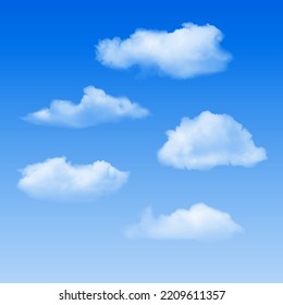 Set of transparent vector clouds, realistic cloud on blue sky