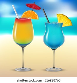Set transparent vector cocktail glasses on the sea background