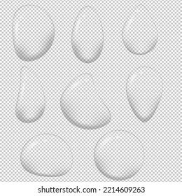 Set of transparent vector droplets in different shapes in gray colors. Water drop. Realistic cartoon droplet illustration with glow.