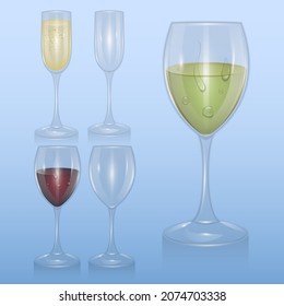 Set of transparent vector glass goblets for wine bar, glasses for drinks, vector format