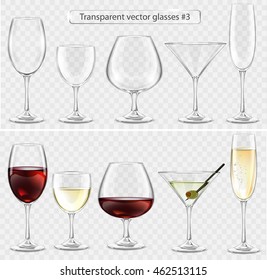 Set of transparent vector glass goblets for wine bar. Drinks of wine, brandy, champagne, martini 