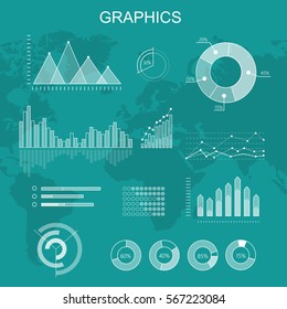 Set Of Transparent Vector Graphics. Curves Fluctuations, Column And Pie Diagrams On World Map Background. Global Economy Statistic Information. Info Elements For Business, Politics Or Social Concepts