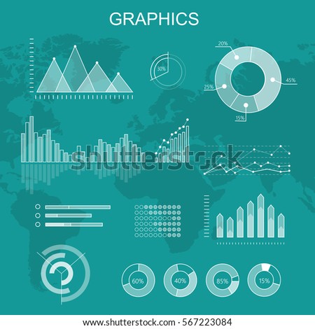 Set of transparent vector graphics. Curves fluctuations, column and pie diagrams on world map background. Global economy statistic information. Info elements for business, politics or social concepts
