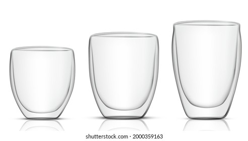 Set transparent vector of realistic  double walled glasses of hot drink, espresso, cappuccino or latte. Mockup for brand advertising.