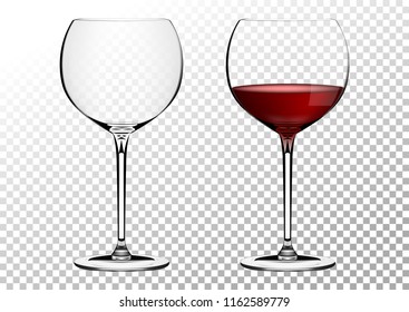 Set transparent vector wine bordo glasses empty, with red wine. Vector illustration in photorealistic style.