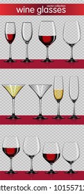 Set transparent vector wine glasses empty, with white and red wine on transparent background