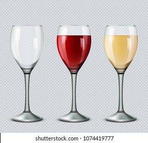 Set transparent vector wine glasses empty, with white and red wine on transparent background. 3d realistic vector