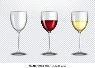 Set transparent vector wine glasses empty, with white and red wine on transparent background. Alcoholic drink. White and red wine. Vector illustration