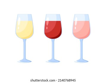 Transparente Vektorgläser leer stellen mit Weiß-, Rose- und Rotwein
