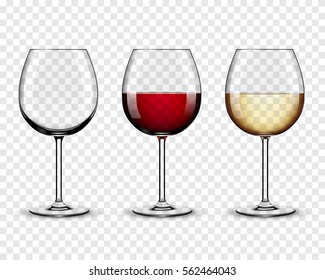 Set transparent vector wine glasses empty, with white and red wine on transparent background