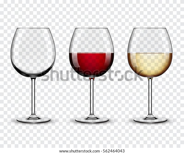 Set transparent vector wine\
glasses empty, with white and red wine on transparent\
background