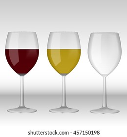 Set of Transparent vector wineglass. Red wine and white wine in a glass. vector.