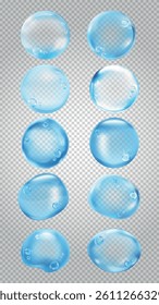 Set of transparent water bubbles. Bubbles with reflections, water droplets. Blue, clear bubbles on a transparent background. Water bubbles, clear and blue. Soap bubble element vector set.