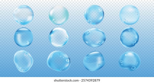 Set of transparent water droplets on a gradient background. Water droplets appear glossy and realistic. Perfect for designs needing water effects. Soap bubble element vector set.