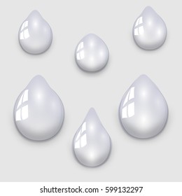 Set of transparent water droplets on a light gray background, vector illustration