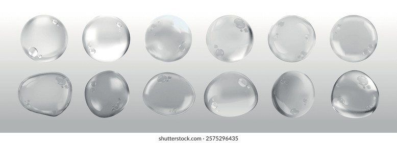 Set of transparent water droplets. Water droplets with realistic reflections. Clear droplets in various shapes. Water droplets on a light background. Soap bubble element vector set.