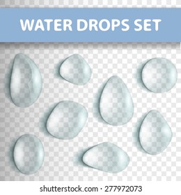 Set of transparent water droplets. Vector background.