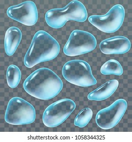 Set of transparent water drops of different forms. Vector illustration.