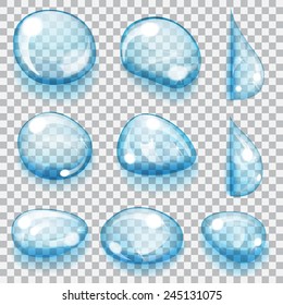 Set of transparent water drops of different forms