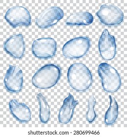 Set of transparent water drops of different shapes in light blue colors