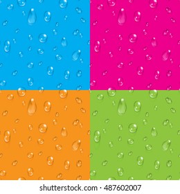 Set of transparent water drops on colored backdrop vector seamless backgrounds illustration