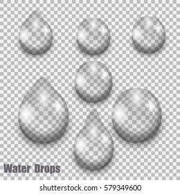 A set of transparent water drops on checkered background, vector illustration
