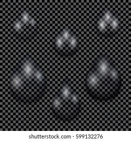 A set of transparent water drops on dark checkered background, vector illustration