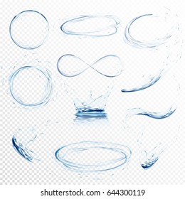 Set of transparent water splashes, circles, whirlpools, drops and crown from falling into the water in light blue colors, isolated on transparent background. Transparency only in vector file