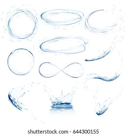 Set of transparent water splashes, circles, whirlpools, drops and crown from falling into the water in light blue colors, isolated on transparent background. Transparency only in vector file