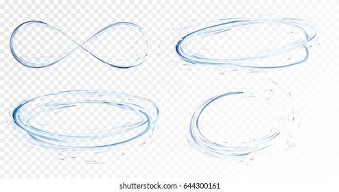 Set of transparent water splashes, circles, whirlpools, drops and crown from falling into the water in light blue colors, isolated on transparent background. Transparency only in vector file