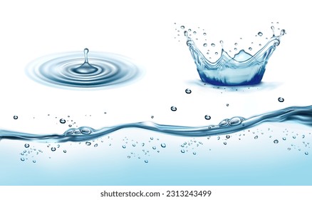 Set of transparent water splashes, drops isolated on transparent background. Water crown splashes with drops. Transparent water waves with air bubbles. Vector illustration